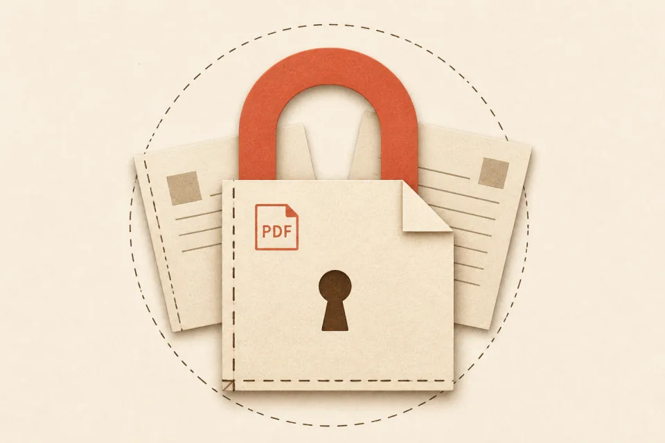 Illustration of a paper padlock holding PDF pages, representing local processing with no upload.